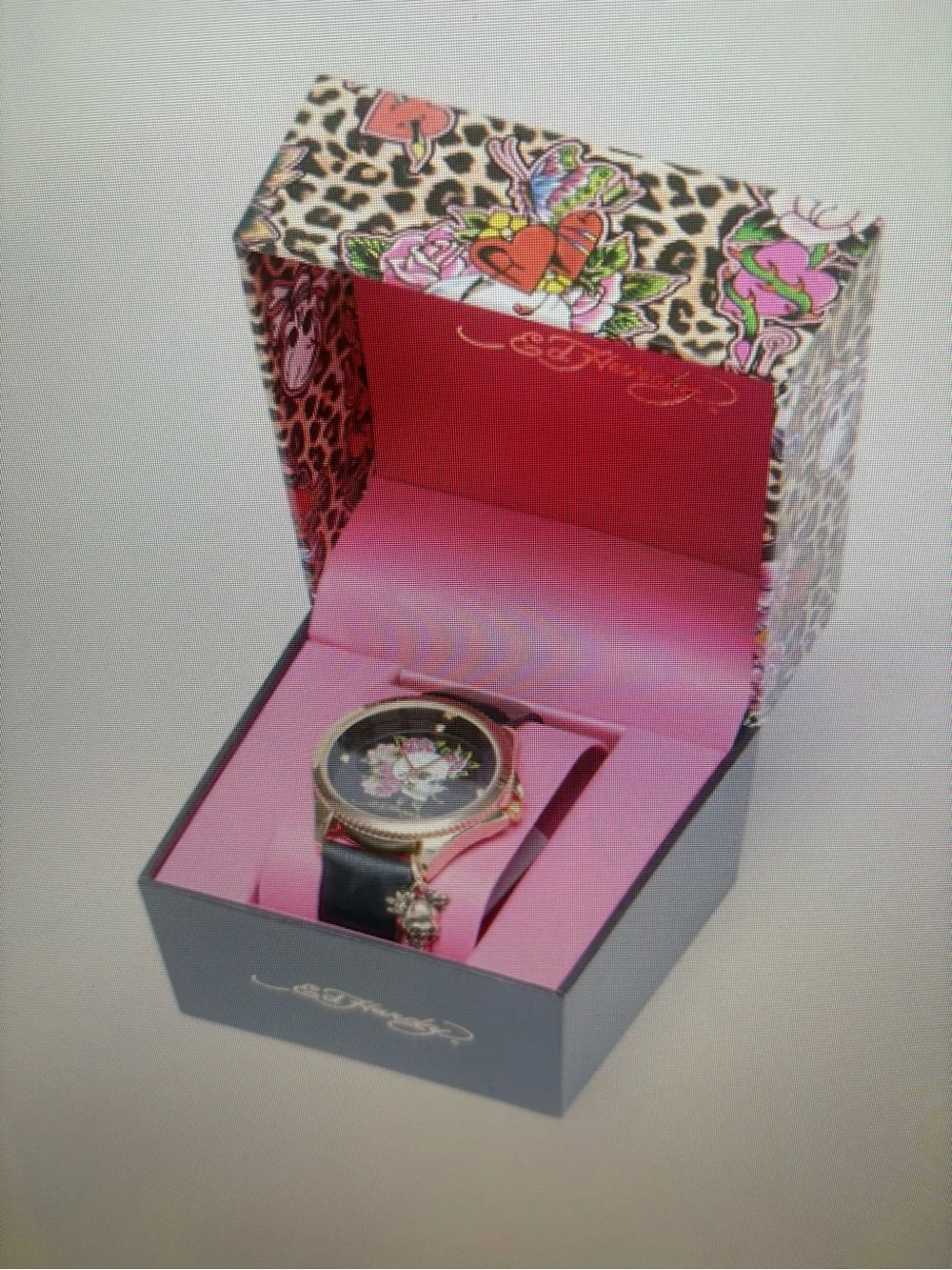 Ed Hardy Black Strap Watch with Floral Dial and Pink Details